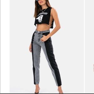 Nori Color Block Mom high rise crop Jeans black gray XS/24